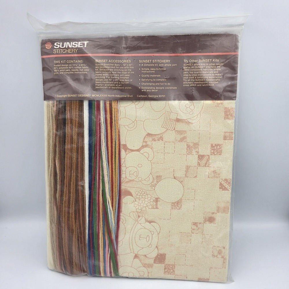 New Vtg 1983 Sunset Stitchery 2605 Crewel Kit "Bear With Us" Fits Frame 10 x 20 - Picture 5 of 7